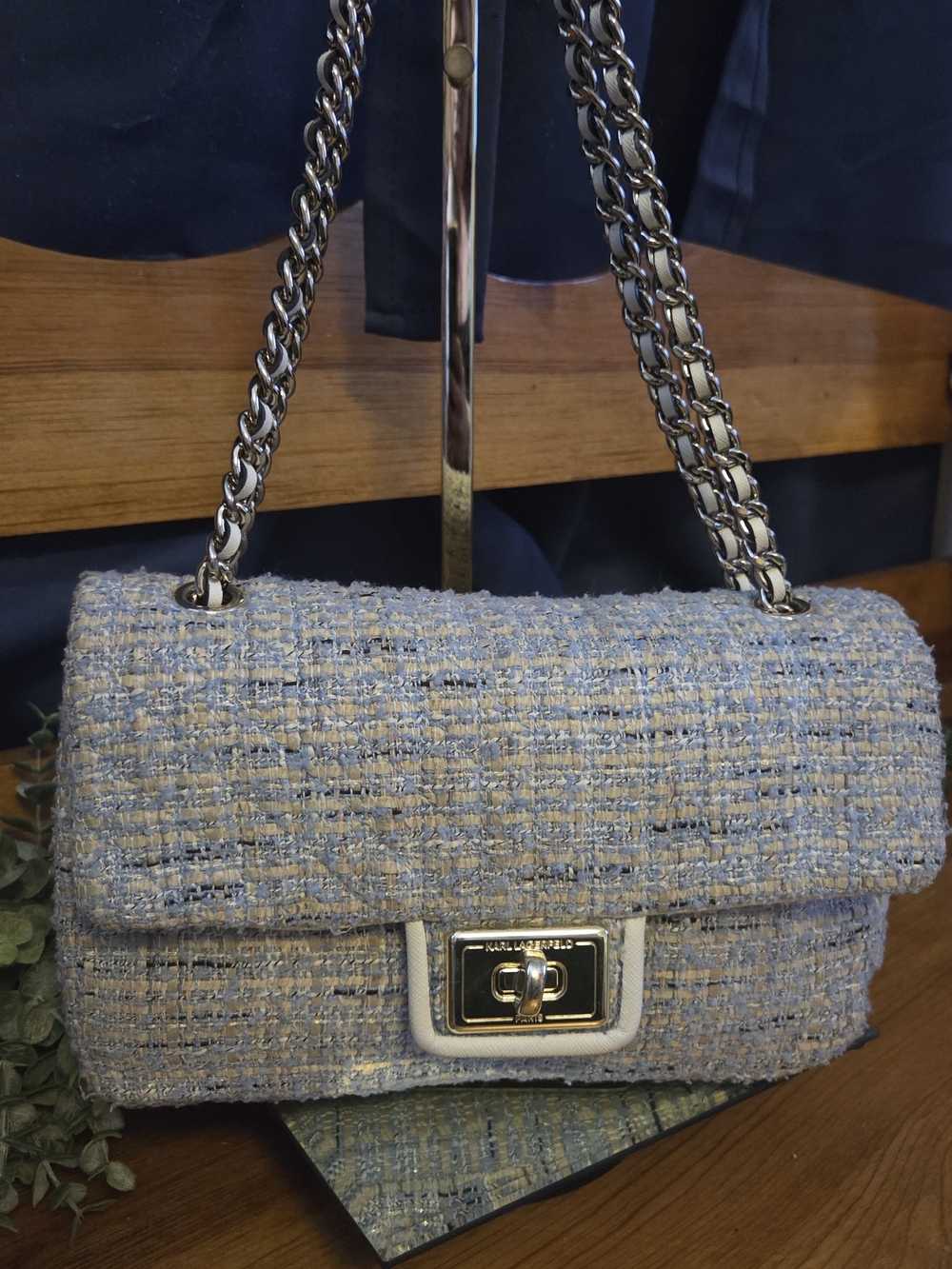 Karl Lagerfeld Light Blue Tweed Shoulder Bag with Silver Chain